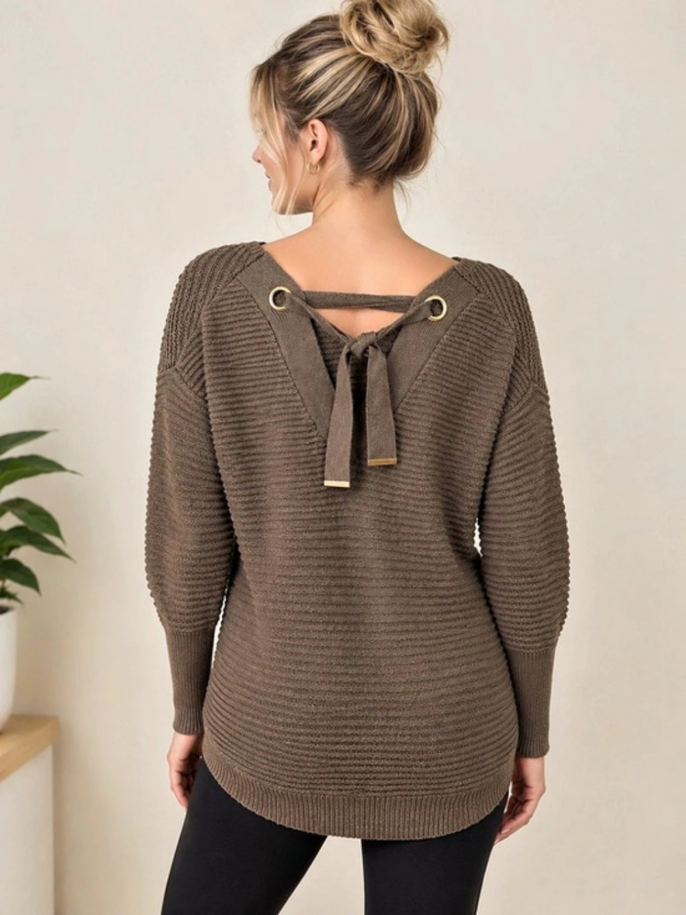 Dynamite Brown Lace-Up Knit Sweater Size Medium